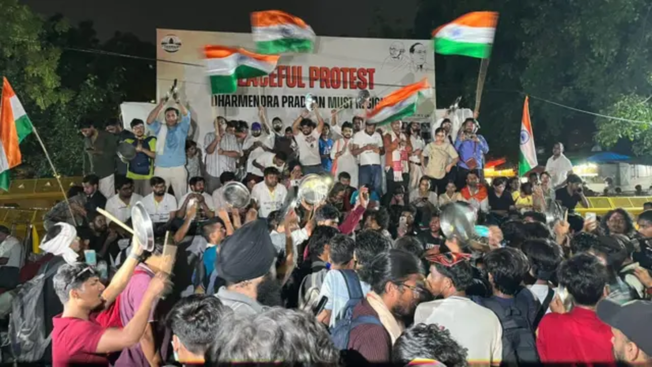 जंतर-मंतर पर कॉकरोच जनता पार्टी का प्रदर्शन रात तक जारी, शिक्षा मंत्री धर्मेंद्र प्रधान के इस्तीफे की मांग